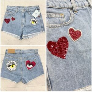 Chiara Ferragni Blue Jean Shorts with Red and White Embroidery